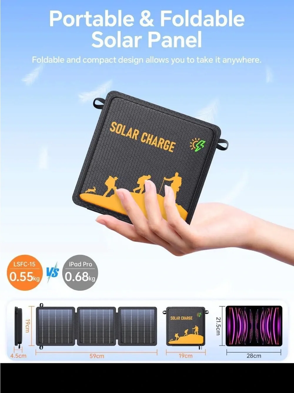 15W Small Portable Solar Panel Chargers, Waterproof, Foldable